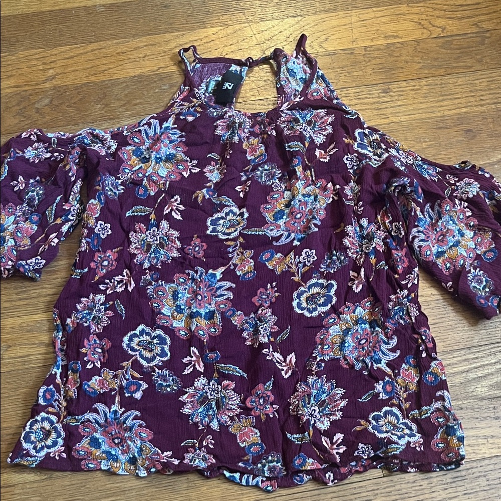 Iz Byer Burgundy Floral Cold Shoulder Blouse